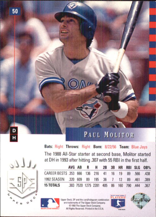 1993 SP #50 Paul Molitor back image