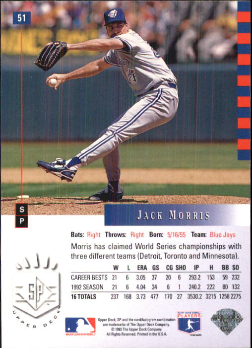 1993 SP #51 Jack Morris back image