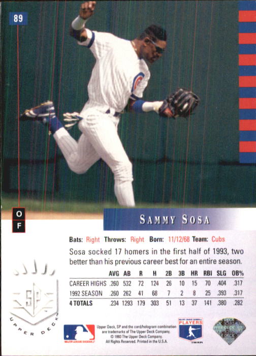 1993 SP #89 Sammy Sosa back image