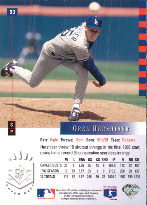 1993 SP #93 Orel Hershiser back image