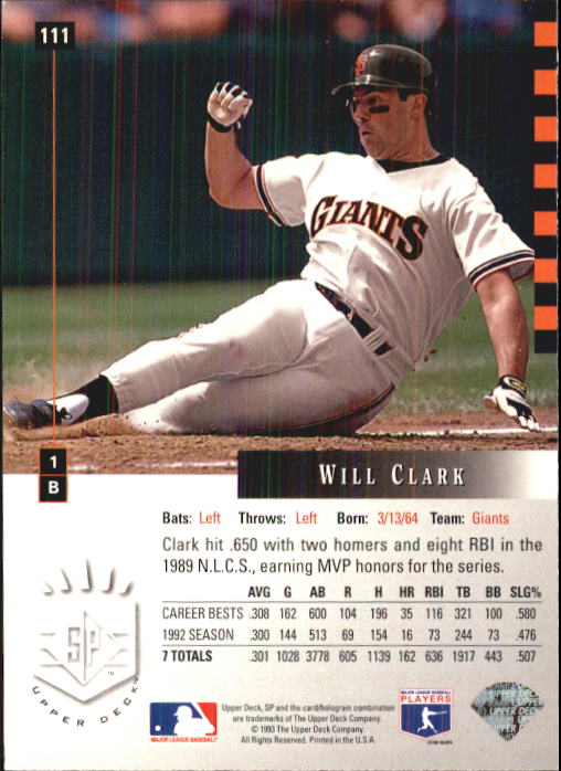 1993 SP #111 Will Clark back image