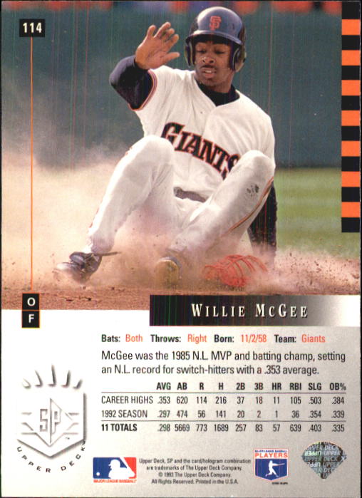 1993 SP #114 Willie McGee back image
