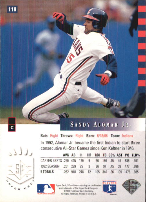 1993 SP #118 Sandy Alomar Jr. back image