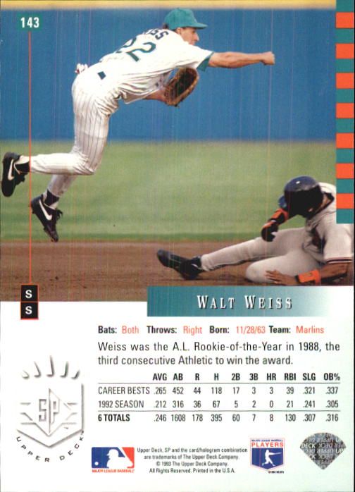 1993 SP #143 Walt Weiss back image