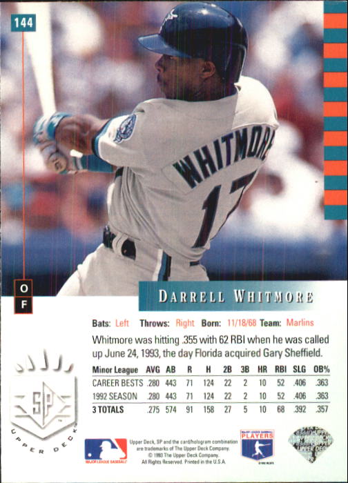 1993 SP #144 Darrell Whitmore RC back image