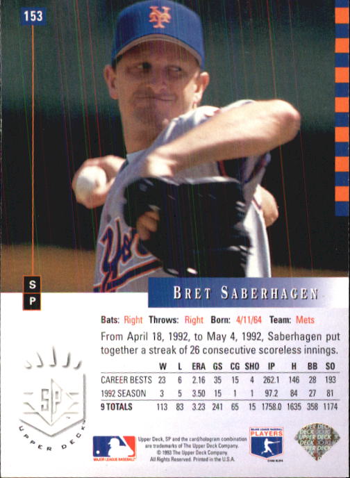 1993 SP #153 Bret Saberhagen back image