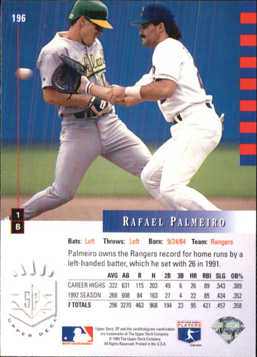 1993 SP #196 Rafael Palmeiro back image