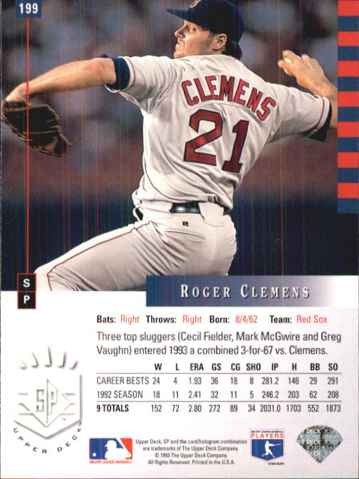 1993 SP #199 Roger Clemens back image