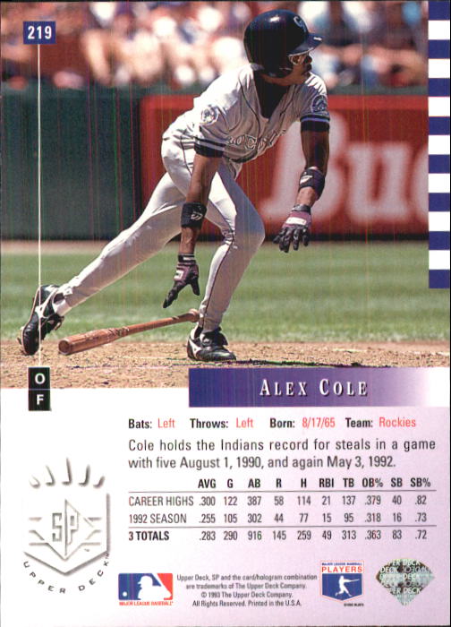 1993 SP #219 Alex Cole back image