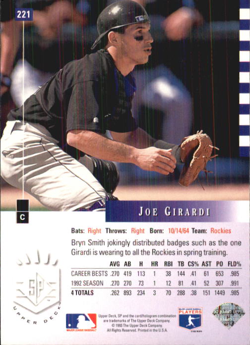 1993 SP #221 Joe Girardi back image