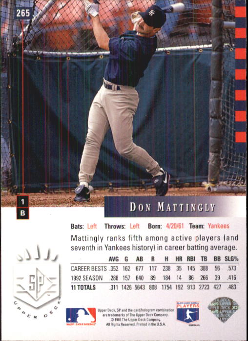 1993 SP #265 Don Mattingly back image