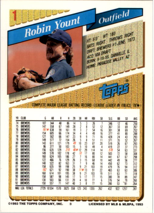 1993 Topps #1 Robin Yount back image