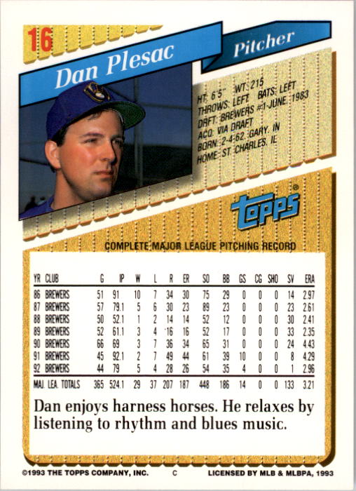 1993 Topps #16 Dan Plesac back image
