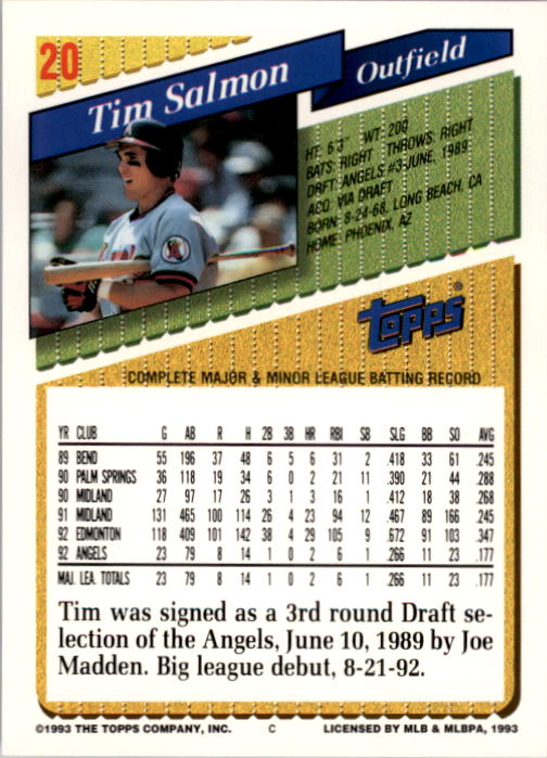 1993 Topps #20 Tim Salmon back image