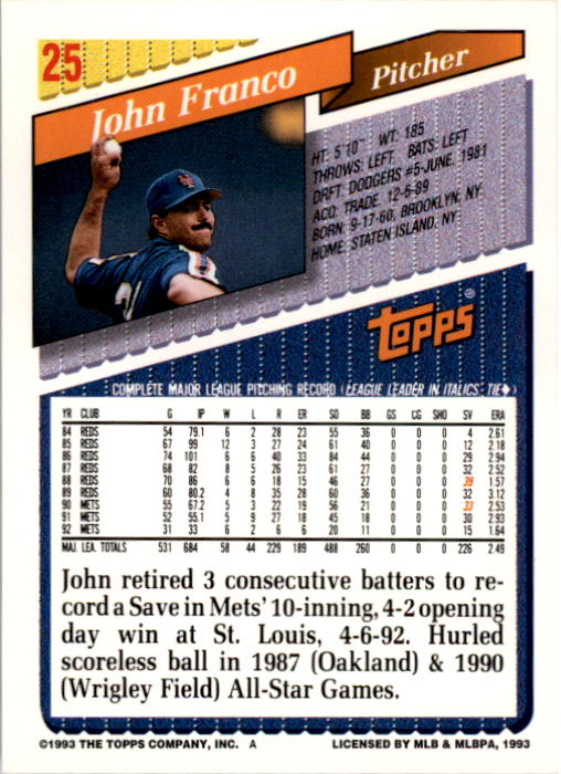 1993 Topps #25 John Franco back image