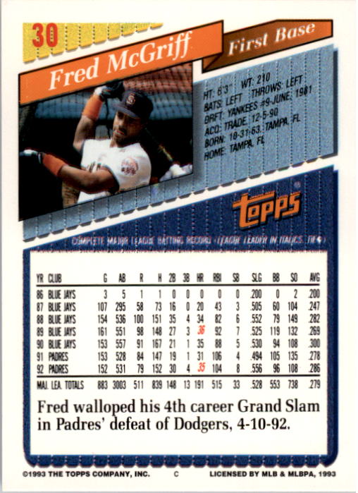 1993 Topps #30 Fred McGriff back image