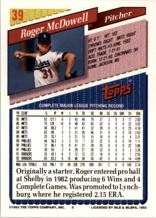 1993 Topps #39 Roger McDowell back image