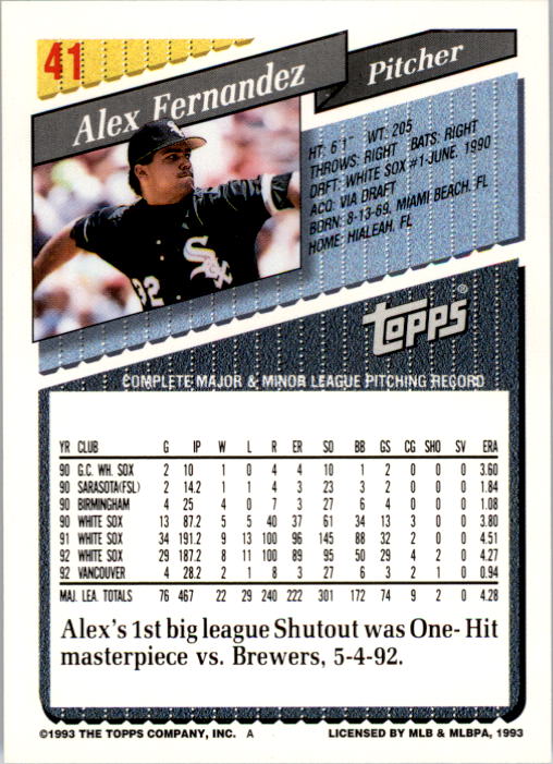 1993 Topps #41 Alex Fernandez back image