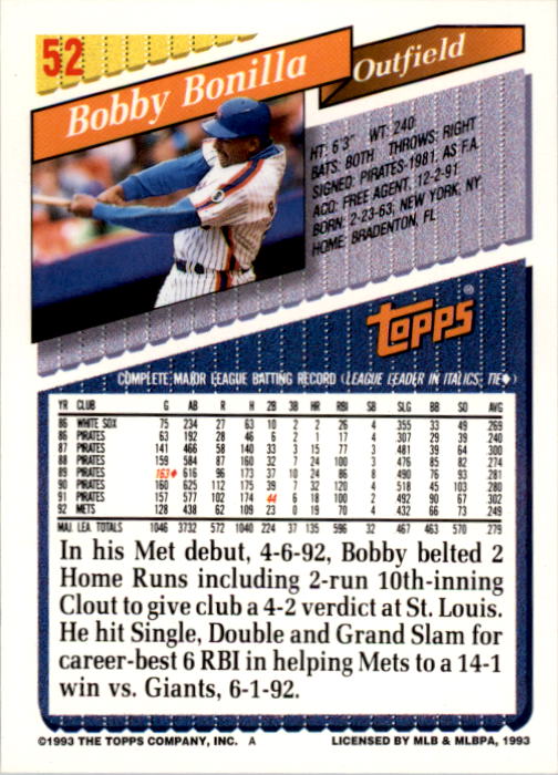 1993 Topps #52 Bobby Bonilla back image