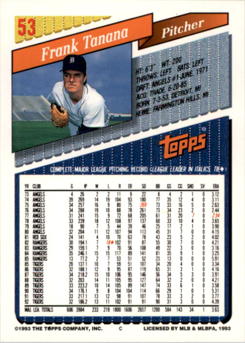 1993 Topps #53 Frank Tanana back image