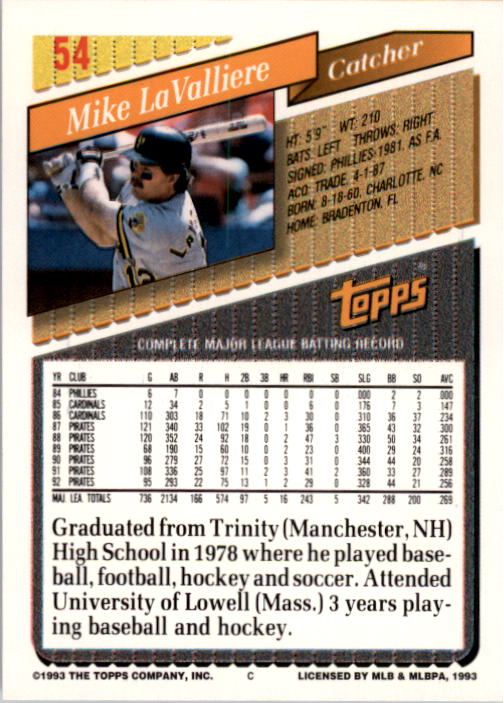 1993 Topps #54 Mike LaValliere back image