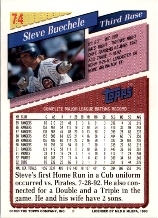 1993 Topps #74 Steve Buechele back image