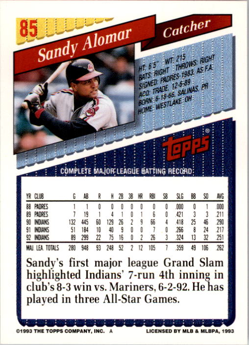 1993 Topps #85 Sandy Alomar Jr. back image