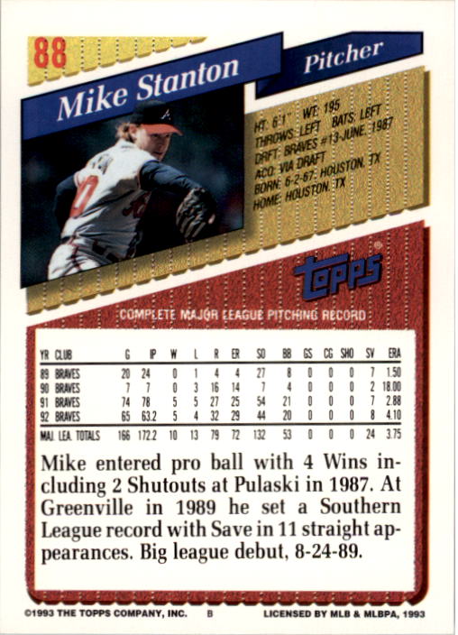 1993 Topps #88 Mike Stanton back image