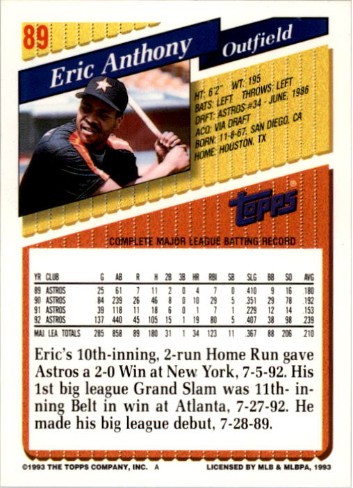 1993 Topps #89 Eric Anthony back image