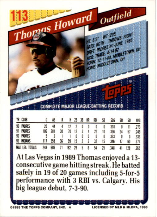 1993 Topps #113 Thomas Howard back image