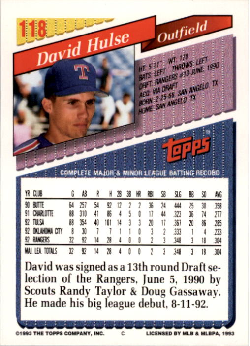 1993 Topps #118 David Hulse RC back image