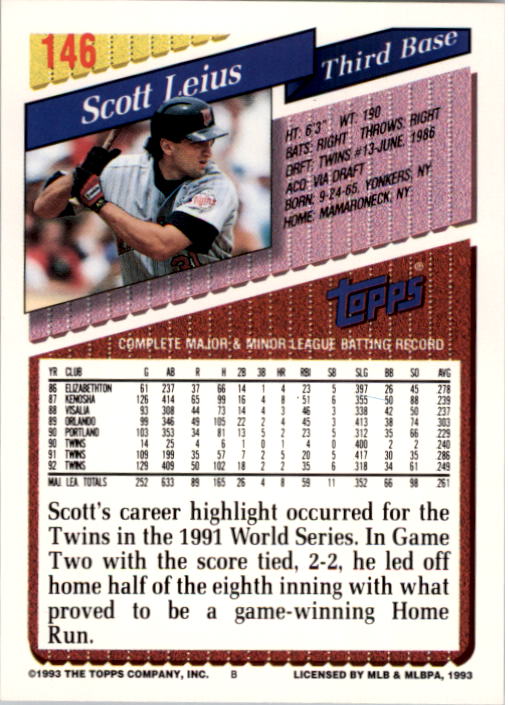 1993 Topps #146 Scott Leius back image