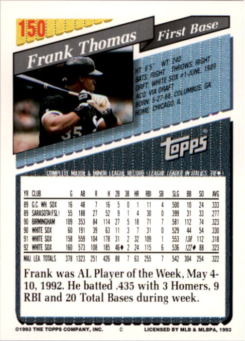 1993 Topps #150 Frank Thomas UER/Categories leading/league are italicized/but not printed in red back image
