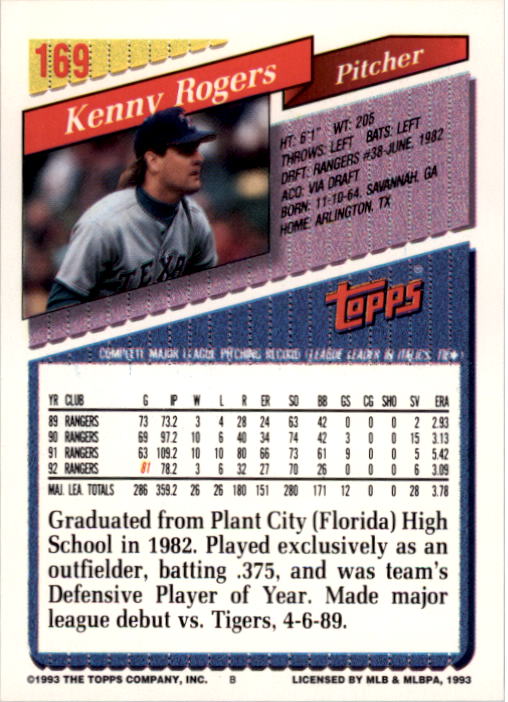 1993 Topps #169 Kenny Rogers back image