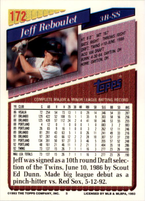 1993 Topps #172 Jeff Reboulet back image