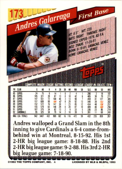 1993 Topps #173 Andres Galarraga back image