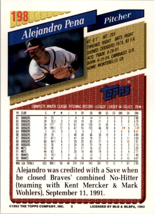 1993 Topps #198 Alejandro Pena back image