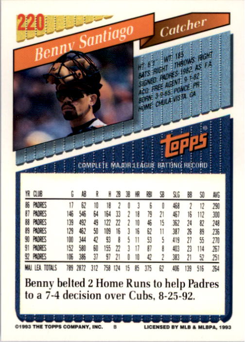 1993 Topps #220 Benny Santiago back image
