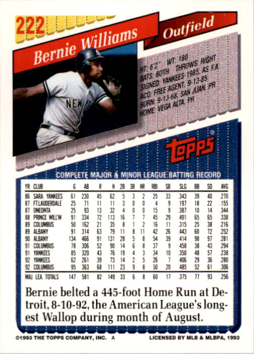 1993 Topps #222 Bernie Williams back image