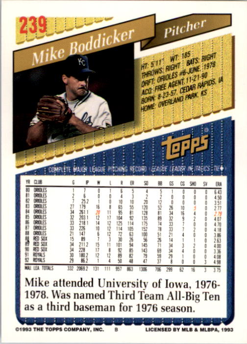 1993 Topps #239 Mike Boddicker back image