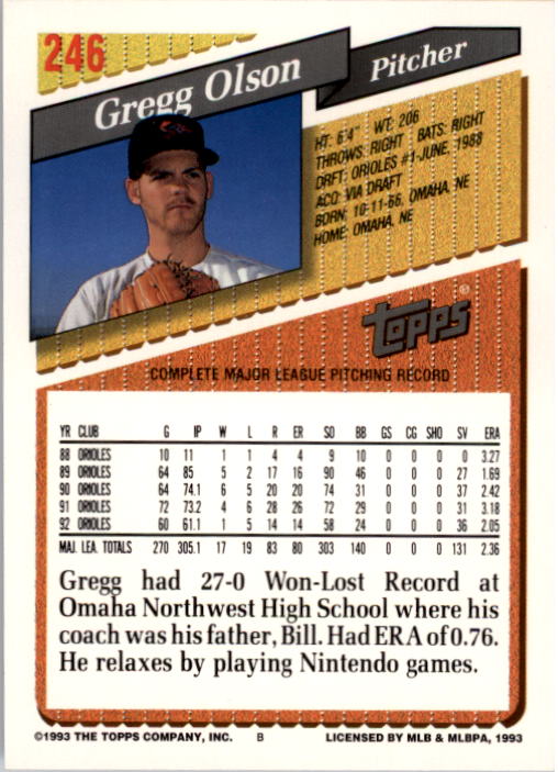 1993 Topps #246 Gregg Olson back image