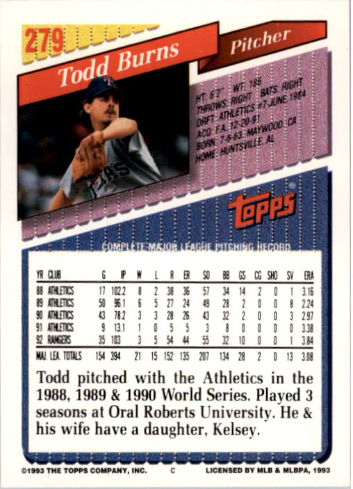 1993 Topps #279 Todd Burns back image