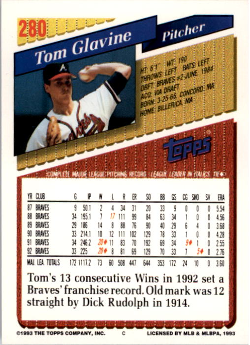 1993 Topps #280 Tom Glavine back image