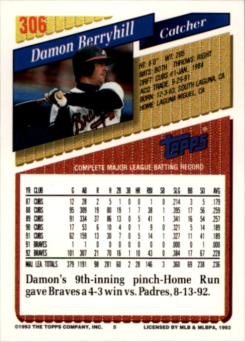 1993 Topps #306 Damon Berryhill back image