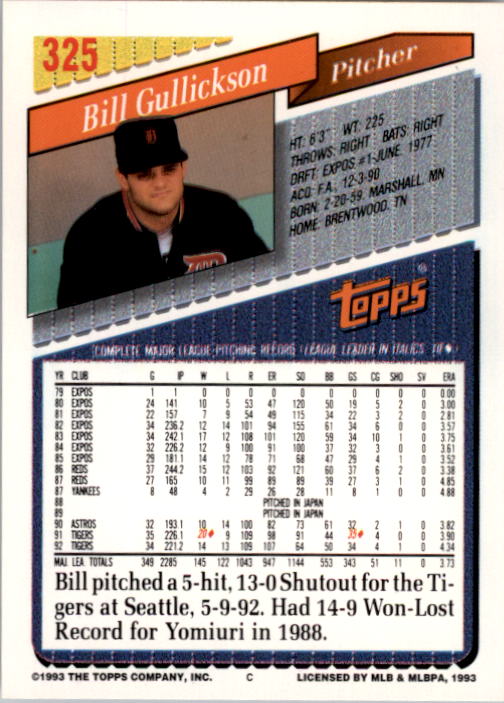 1993 Topps #325 Bill Gullickson back image