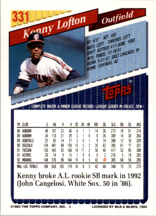 1993 Topps #331 Kenny Lofton back image