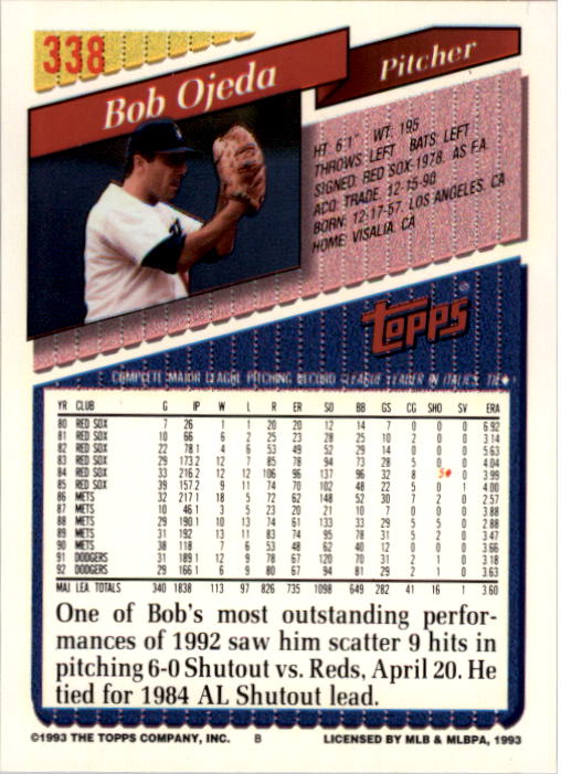 1993 Topps #338 Bob Ojeda back image