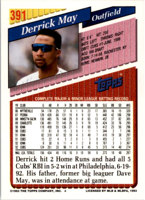1993 Topps #391 Derrick May back image