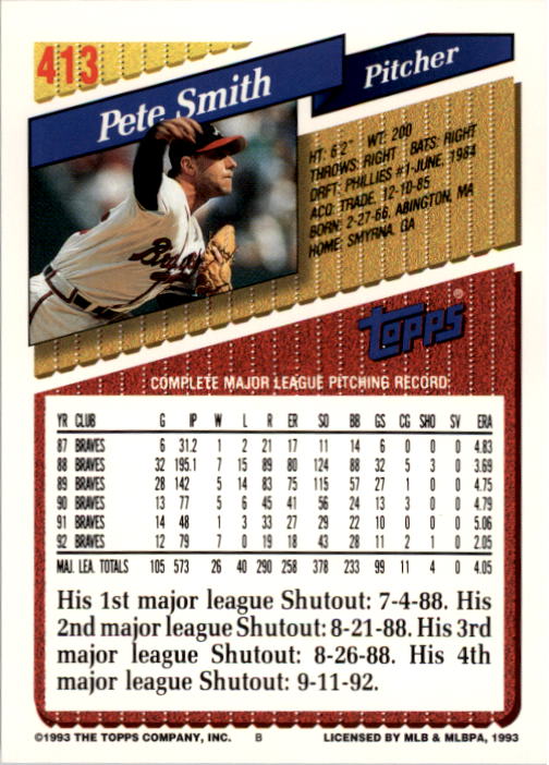 1993 Topps #413 Pete Smith back image