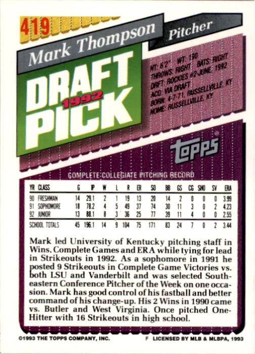 1993 Topps #419 Mark Thompson RC back image
